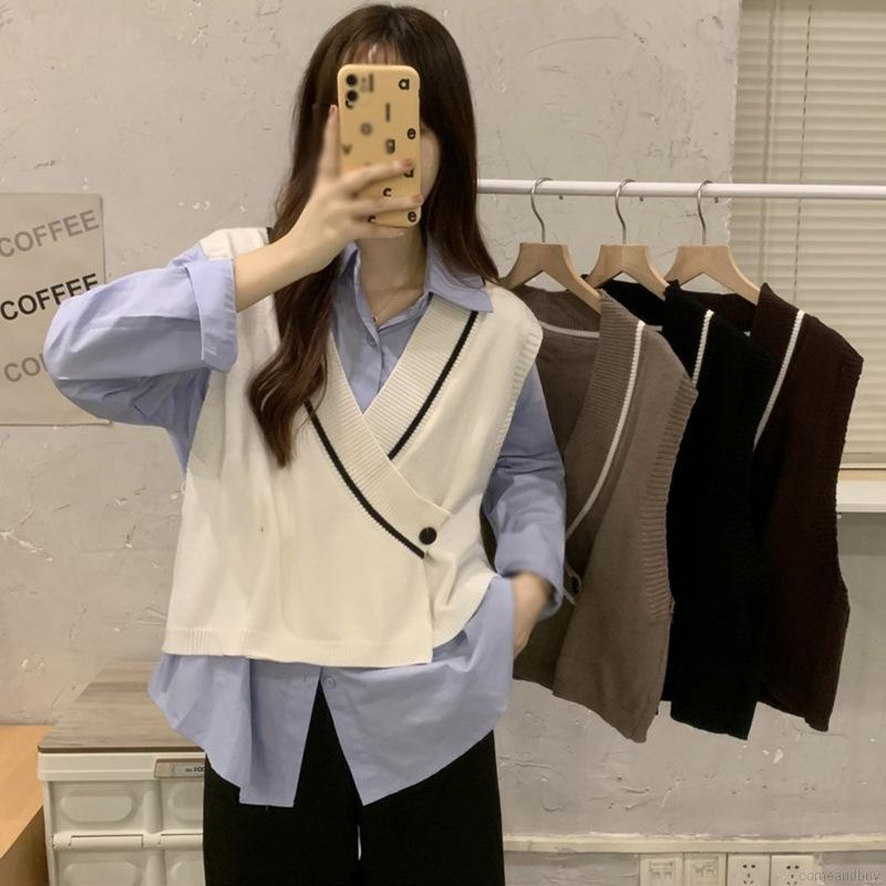 Áo Khoác Len Cardigan Sát Nách Cổ Chữ v Màu Sắc Tương Phản Phong Cách Hàn Quốc Cho Nữ