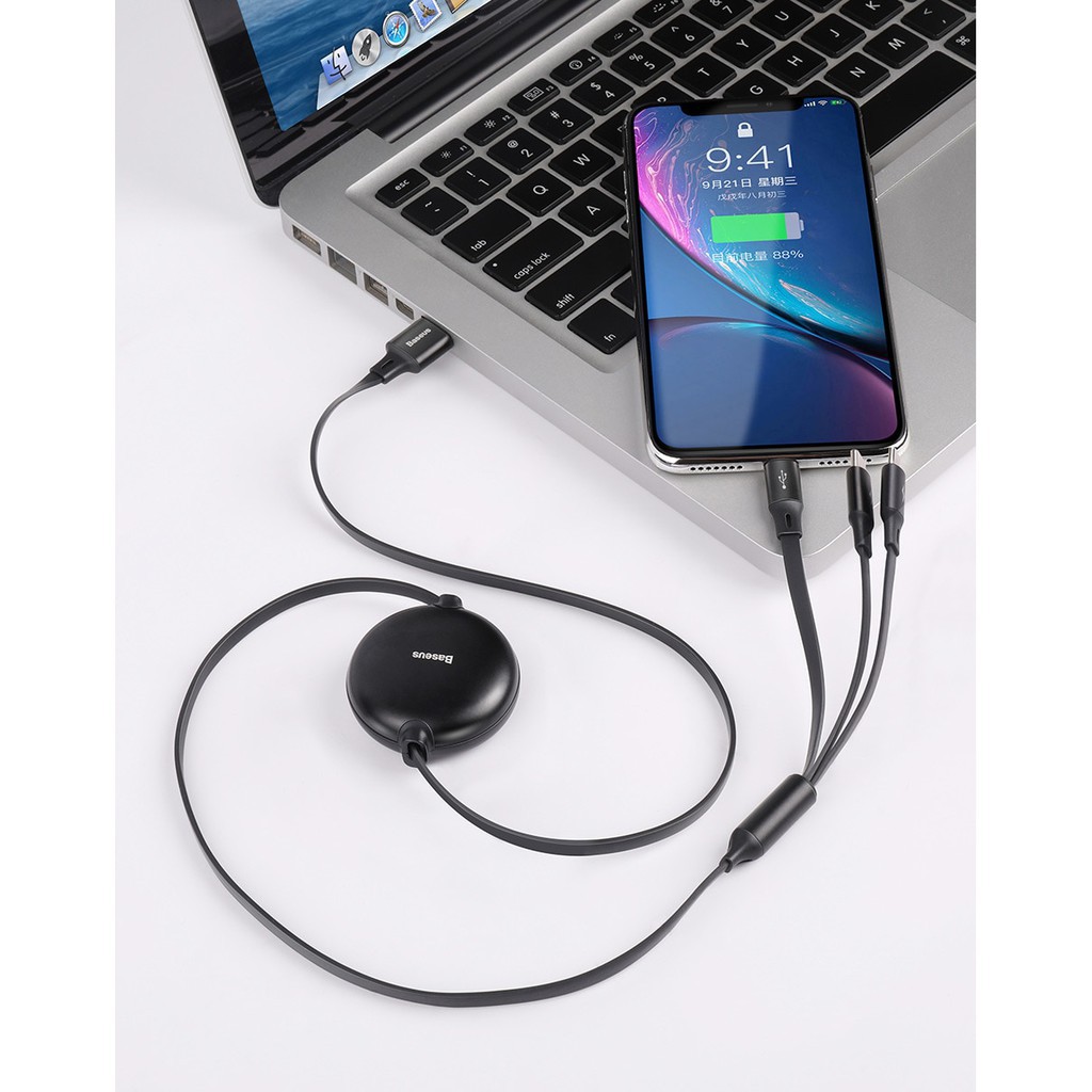 ⭐CHÍNH HÃNG⭐ Cáp Sạc nhanh Dây rút Baseus Goldenloop 3in1(Micro USB,Type C,Lightning-Iphone-iPad) Dùng trên oto MAX tiện