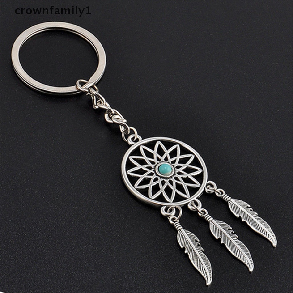 Móc khóa hình Dreamcatcher bằng kim loại màu bạc phối lông vũ kiểu mới