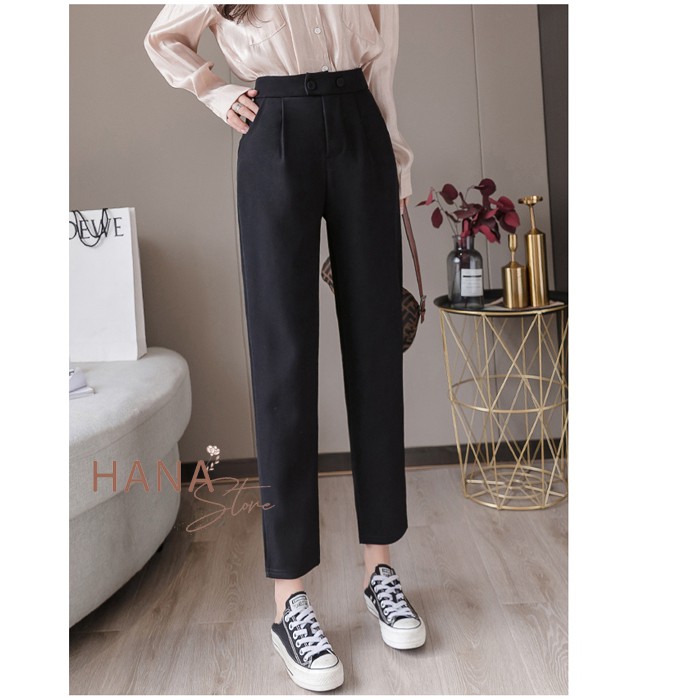 Quần baggy công sở nữ 2 cúc bấm cạp lưng cao màu Đen dài ống bằng đứng - Mặc đi làm đi học sinh - Vải Vintex dày dặn mềm | BigBuy360 - bigbuy360.vn