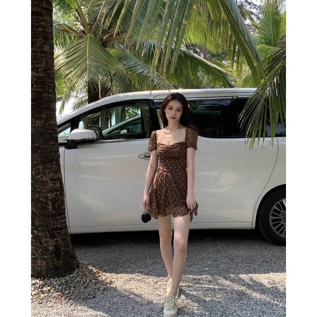 (Có BigSize) Đầm Váy Hoa Nâu Nhún Eo 2 Lớp Có Mút Ngực Và Lót Quần