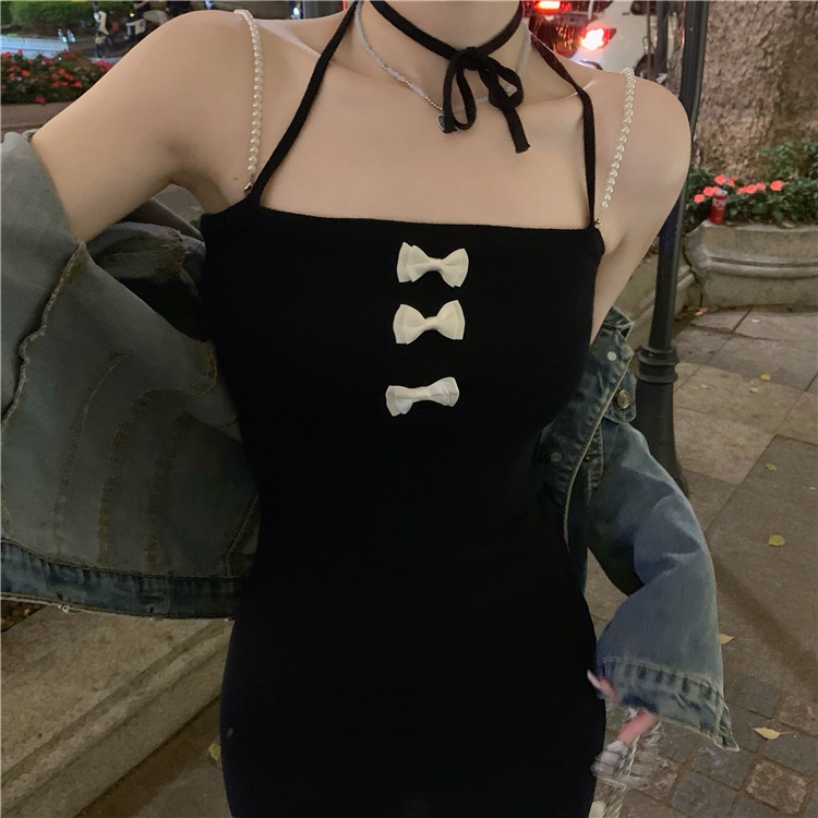 Đầm Hai Dây Ngắn Ôm Hông Đính Nơ Gợi Cảm 【ZHELIHANGFEI】