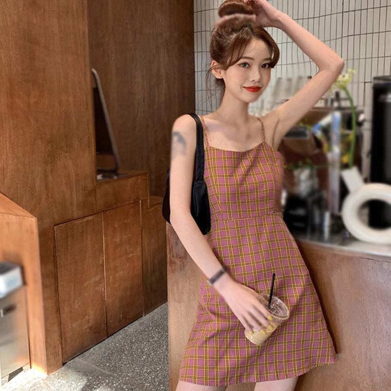 Đầm Dây Họa Tiết Ca Rô Phong Cách Hàn Quốc Nhẹ Nhàng Cho Nữ