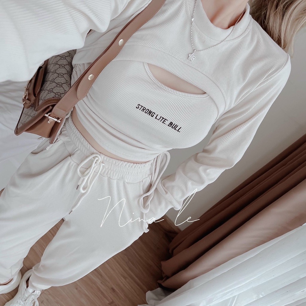 (Sale FreeShip) Sét bộ dài phong cách trẻ trung cá tính,áo tay dài from croptop mix quần có túi chất thun gân mềm