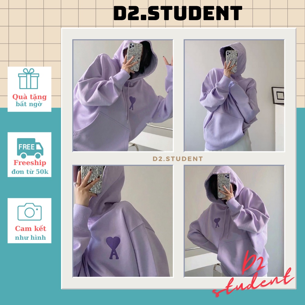 Áo hoodie nỉ bông cotton unisex dưới 70kg D2store - Tím trendy