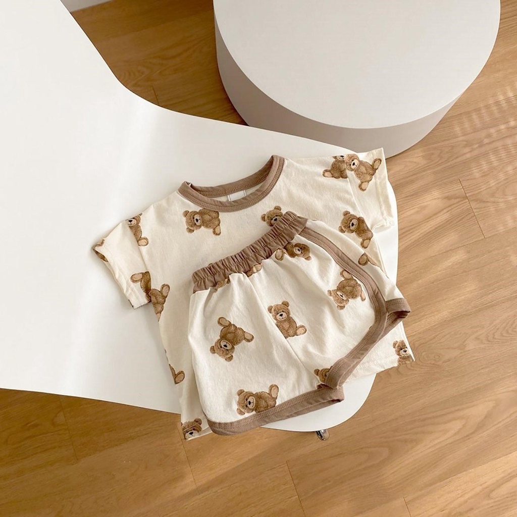Bộ Áo Thun Ngắn Tay + Quần Short Thoáng Khí Họa Tiết Hoạt Hình Xinh Xắn Theo Phong Cách Hàn Quốc