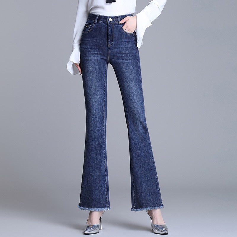 Quần Jean Nữ Lưng Cao OoKi Ống Loe Lai Tua Cotton co Giãn 4 Chiều Quần Bò Nữ Ống Bass Dáng Skinny 40- 65Kg