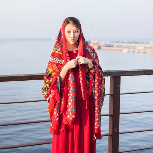 [ẢNH THẬT+VIDEO] Khăn Choàng Thổ Cẩm Boho Vintage Đi Biển Chống Nắng Tua Rua Sống Ảo Chất Dày To 1M9