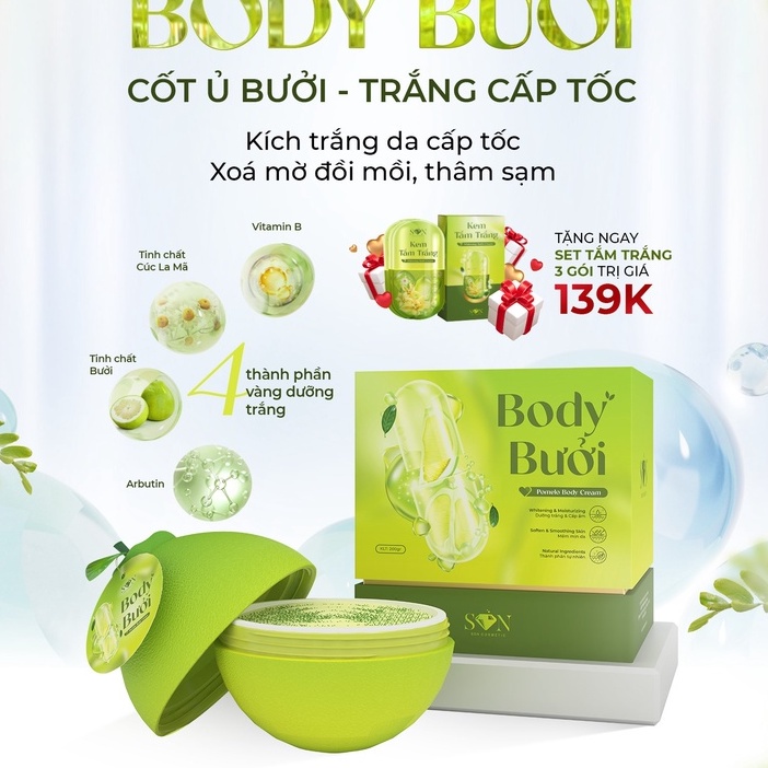 Kem Body Bưởi, Kem Dưỡng Trắng Da Toàn Thân Cốt Ủ Bưởi SON Dưỡng Da Tự Nhiên Hiệu Quả - TẶNG TẮM TRẮNG