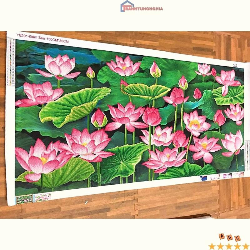 Tranh đính đá, tranh thêu chữ thập đầm sen 1m x 65cm - 1m50 x 80cm