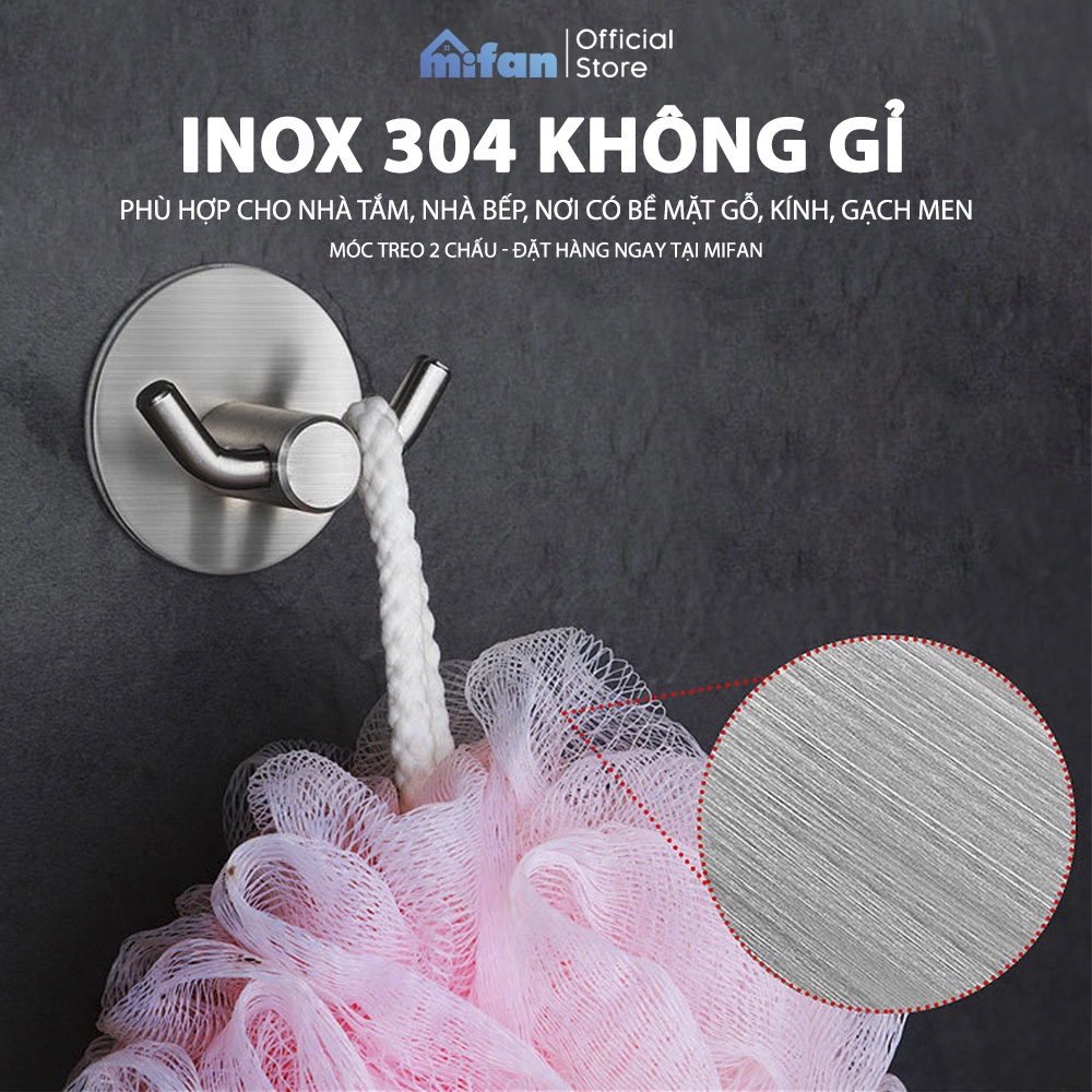 Móc Dán Tường Inox 304 2 Chấu Cao Cấp MIFAN - Keo 3M Siêu Dính - Treo Quần Áo, Khăn, Dụng Cụ Bếp, Đồ Nhà Tắm