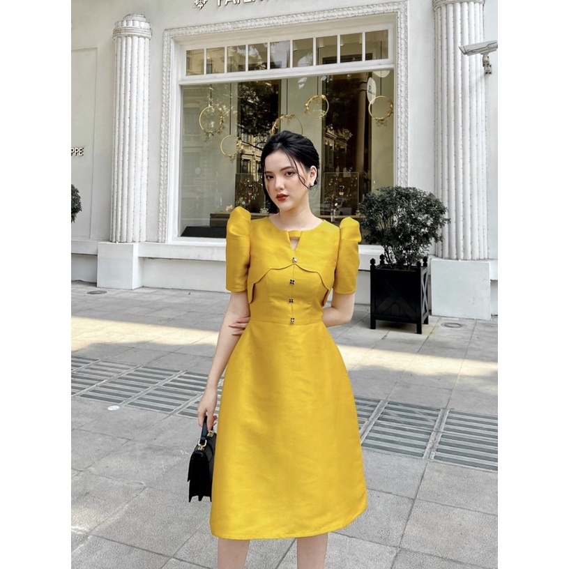 Váy Taffeta Vàng Cúc Hoa Tay Bồng - Đầm Thiết Kế Dự Tiệc Sang Chảnh, Thanh Lịch-V21803