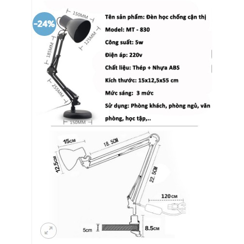 [Freeship] Đèn học chống cận, Đèn Bàn Học Tập, Làm Việc, Có Chân Kẹp Bàn Pixar MT-322 - hàng xịn