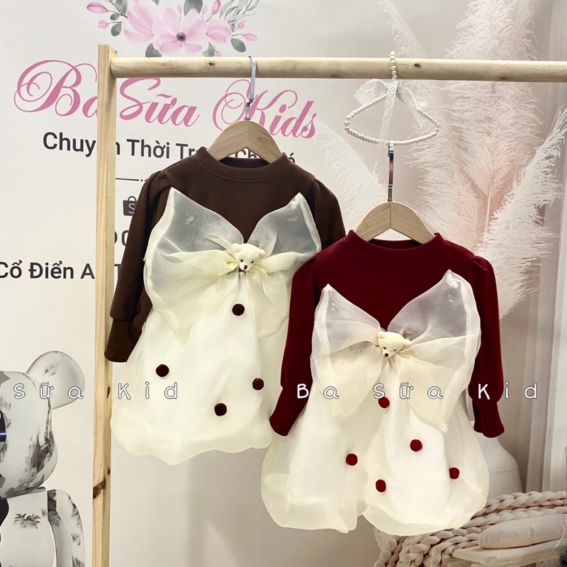 ( V197) Đầm Xòe Công Chúa Tay Bồng Dài Chất Len Mềm Đính Nơ Thời Trang Thu Đông Cho Bé Gái Từ 8kg - 22kg