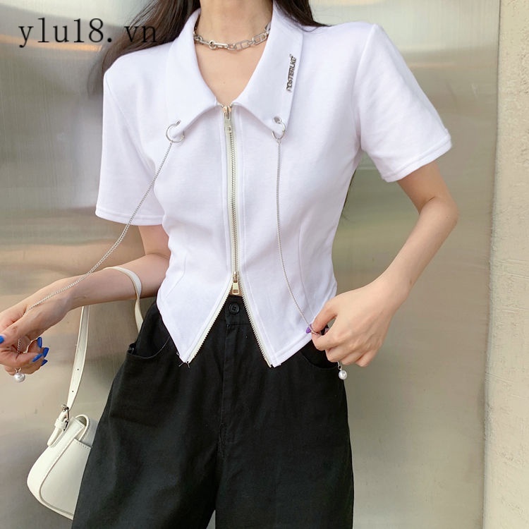 Áo Thun POLO Dáng Ngắn Ôm Dáng Phối Dây Xích Đôi Khóa Kéo Phong Cách Mới Mùa Hè 2022 Cho Nữ