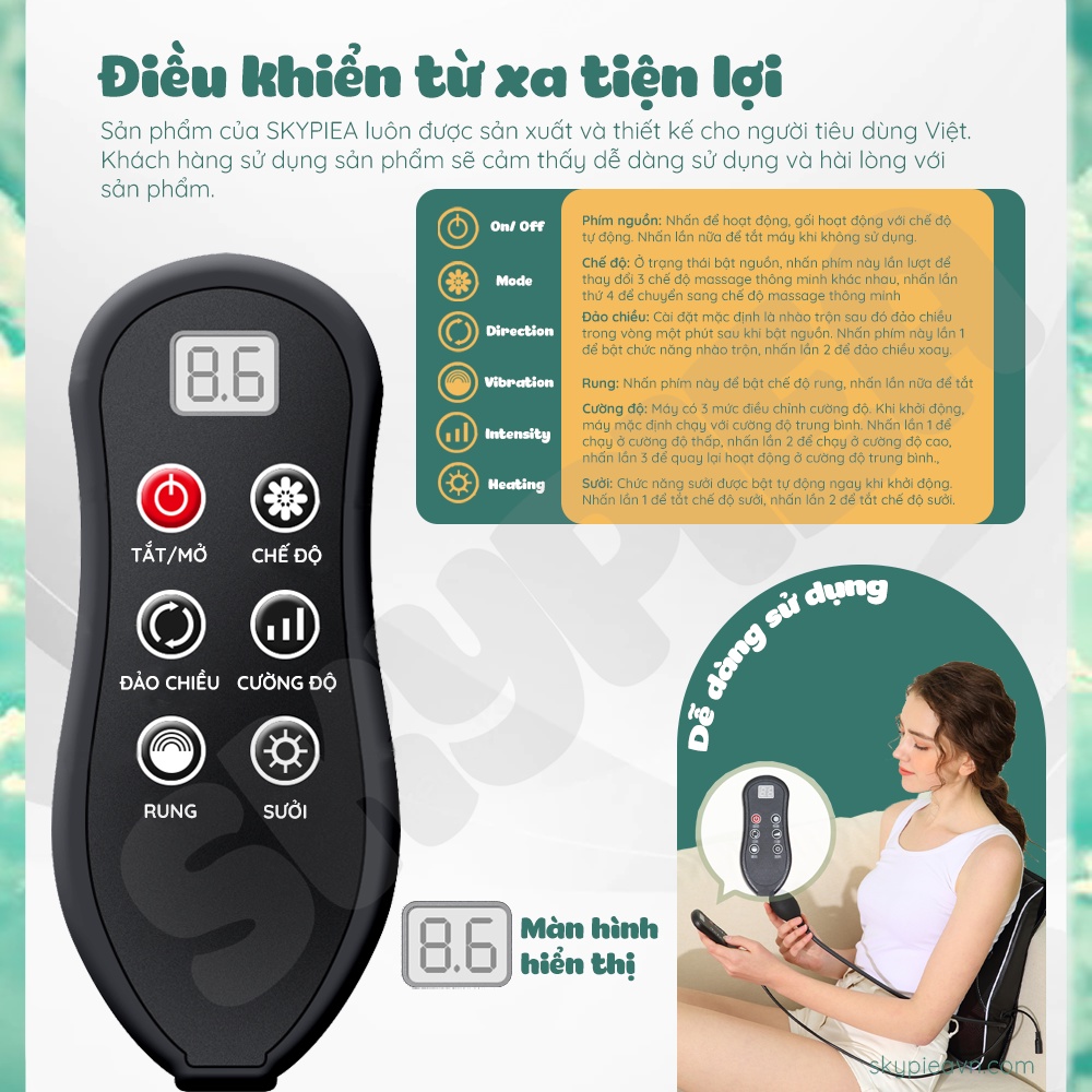 Gối Massage Hồng Ngoại Tích Hợp Tính Năng Điều Khiển Cầm Tay, Chế Độ Rung, Hồng Ngoại, Có Túi Khí - Chính Hãng SKYPIEA