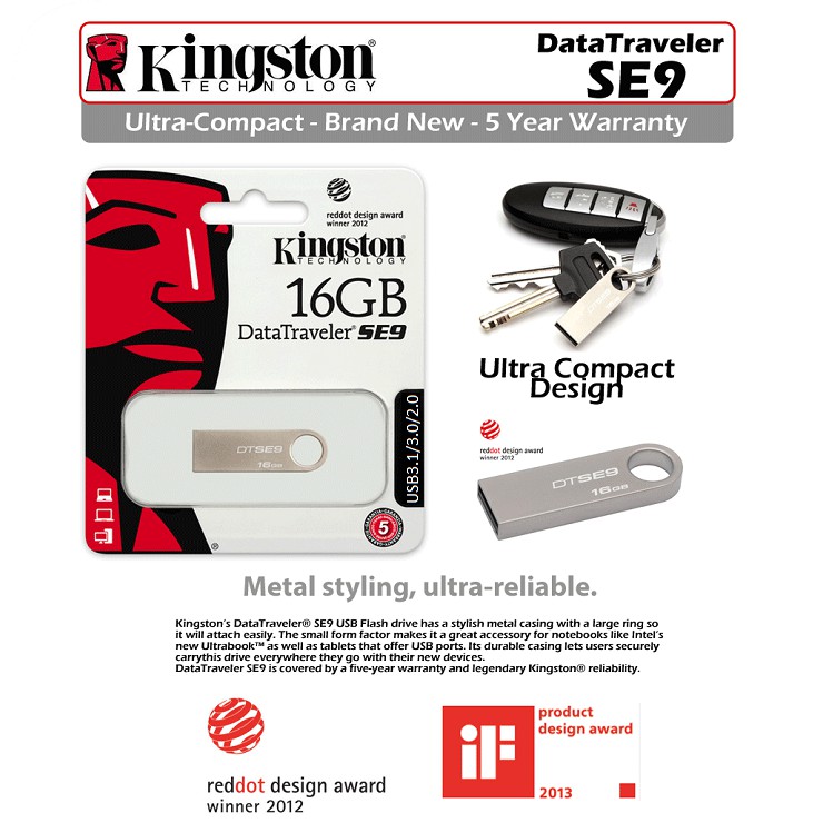 USB 3.0 Kingston 16GB DataTraveler SE9 – Vỏ thép nguyên khối – Chịu va đập – Kháng nước – CHÍNH HÃNG – Bảo hành 5 năm