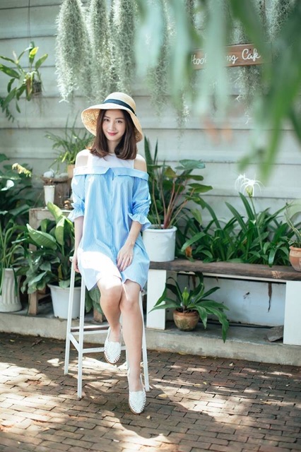 Đầm sơ mi bẹt vai phối vải Marc Fashion | BigBuy360 - bigbuy360.vn