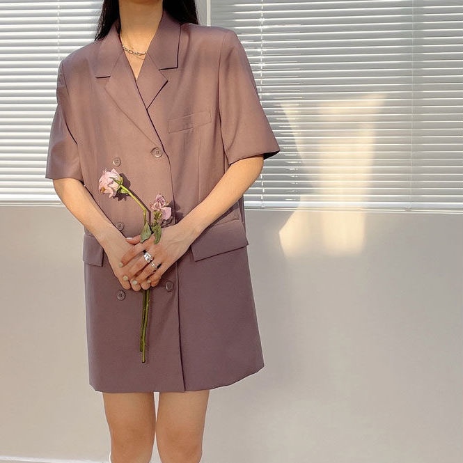 AMOI Đầm Ngắn Phối Hai Hàng Nút Phong Cách Retro Cao Cấp