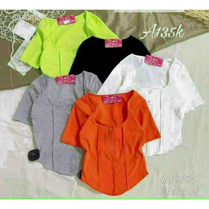 Áo croptop nữ ngắn tay body phối nút bấm vắt sổ ngượcS888
