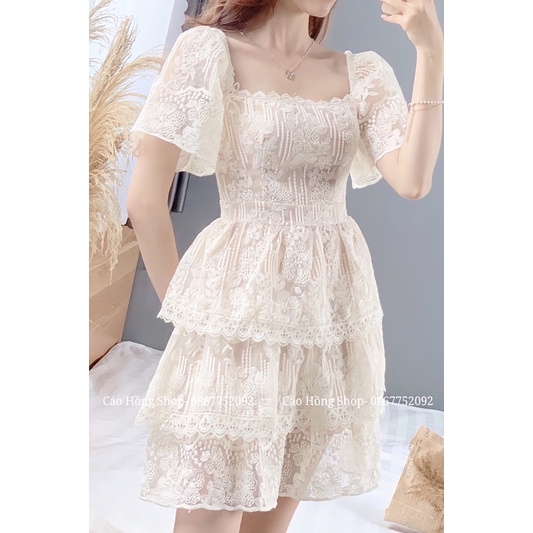 Váy ren 3 tầng tay bồng tiểu thư-Váy thiết kế- Váy ren cộc tay V20 (ảnh thật shop tự chụp) | BigBuy360 - bigbuy360.vn