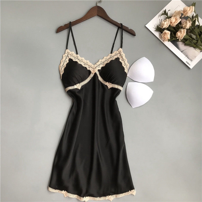 Đầm ngủ satin phối ren có đệm mút nâng ngực gợi cảm dành cho nữ