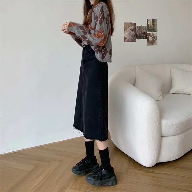 Chân Váy Jean Nữ Màu Đen Dáng Suông Chữ A Basic Phong Cách Vintage Ulzzang Hàn Quốc Chất Loại 1 Mềm Tay Rách Gấu