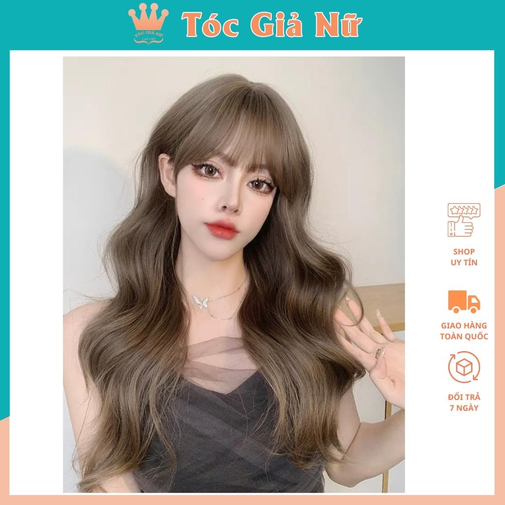 Tóc giả nữ nguyên đầu xoăn dợn dài kiểu hàn, tặng kèm lưới trùm tóc wig màu trà sữa, 2069