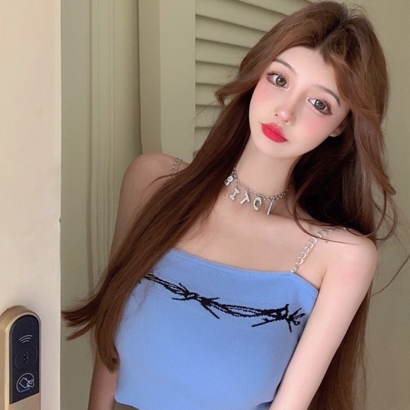 Áo Dệt Kim Hai Dây In Họa Tiết Xinh Xắn Dành Cho Nữ