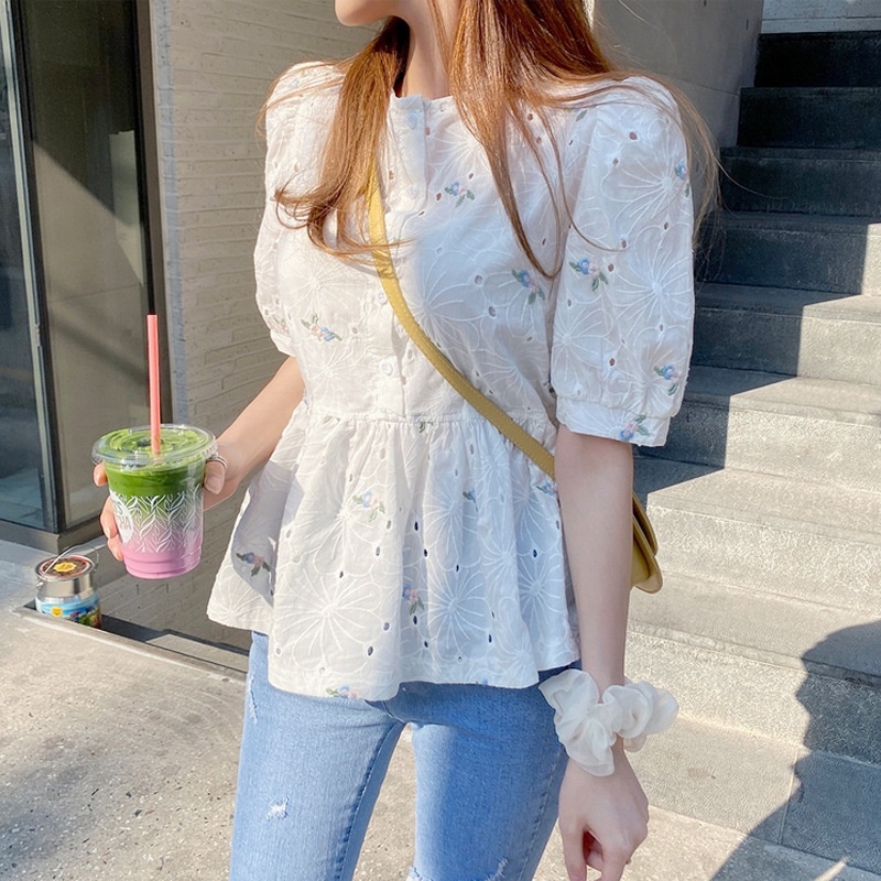 MS690 Áo babydoll đũi thêu hoa nổi hè xuân mặc được 2 kiểu
