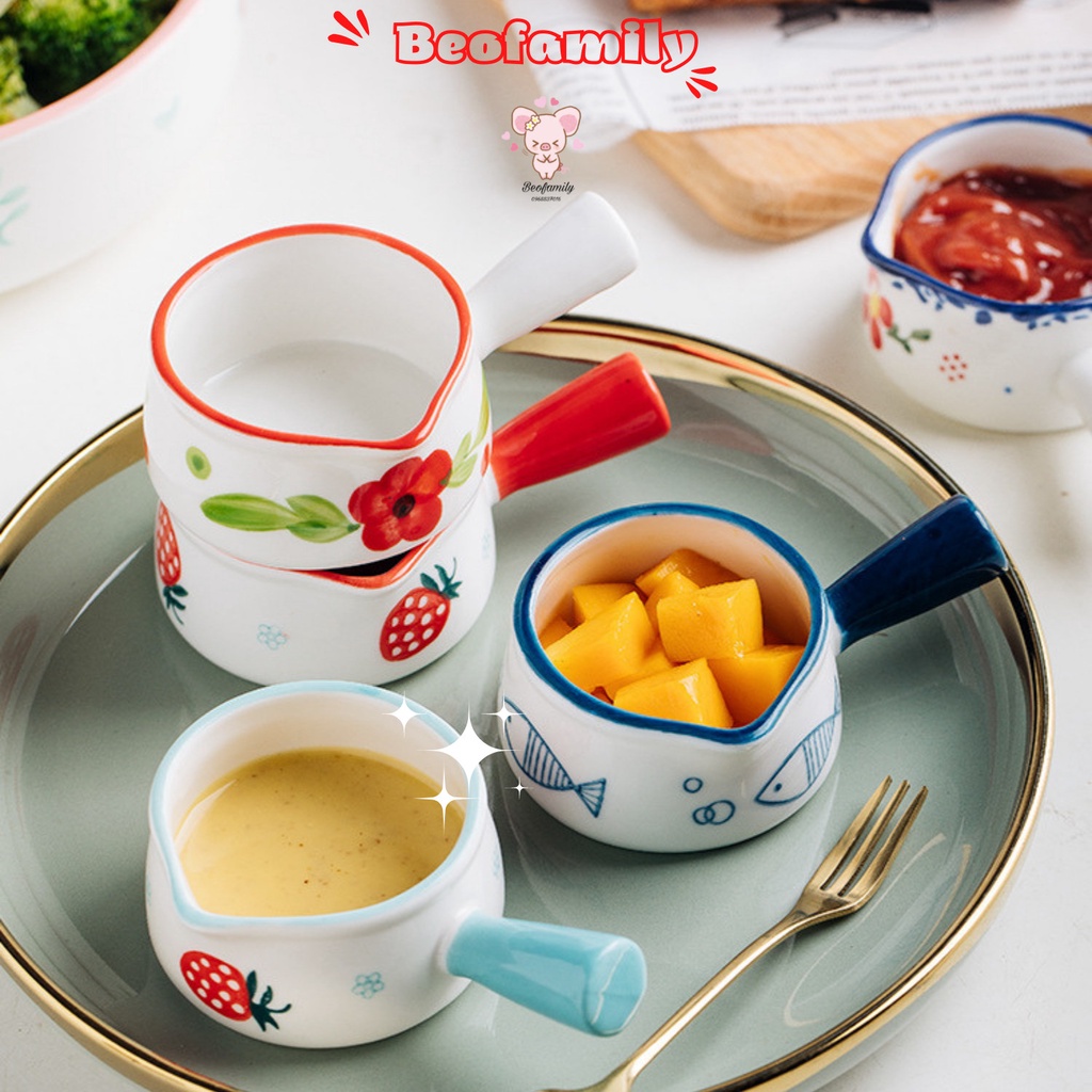 Bát ăn dặm kiểu Nhật, Bát gốm sứ mini dâu tây có tay cầm, bát nước chấm 50ml- Beofamily