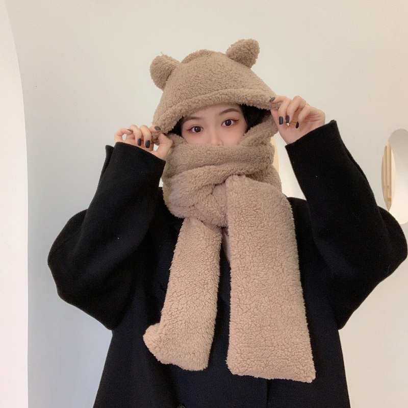 Mũ lông cừu tai gấu kèm khăn quàng cổ và găng tay ulzzang combo phong cách thời trang Hàn Quốc cho mùa thu đông ấm áp