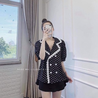 Áo chấm bi cổ vest