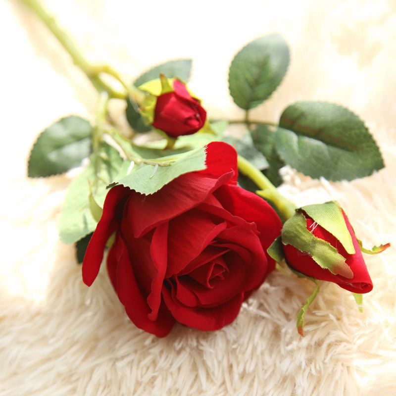 Hoa giả - Hoa hồng nhung cao cấp 37cm 1 bông SIZE LỚN và 2 nụ - Trang trí phòng khách, để bàn