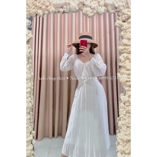 Đầm midi cổ đắp xoắn eo tay bồng voan trắng NÀNG CLOSET