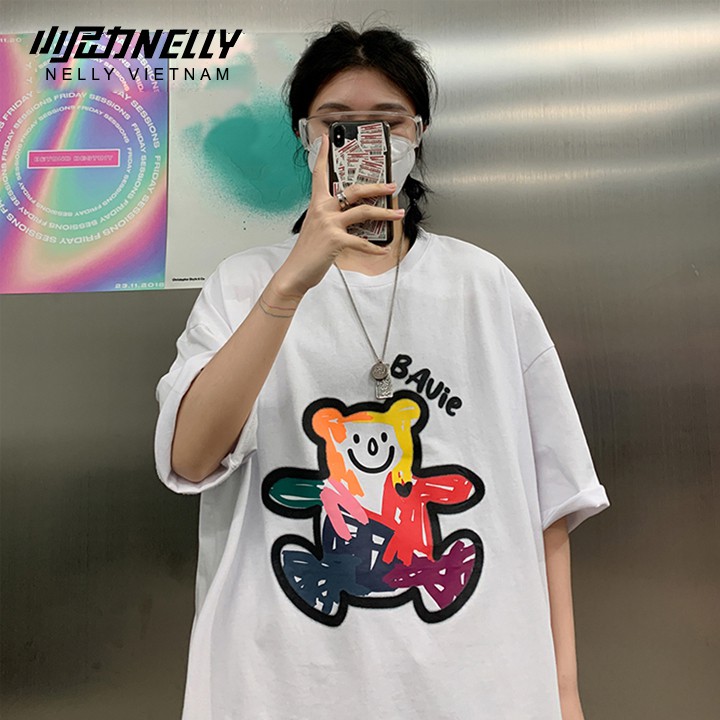 Áo thun tay lỡ NELLY cotton 4 chiều dáng unisex in hình gấu bavie mã N0085 | BigBuy360 - bigbuy360.vn