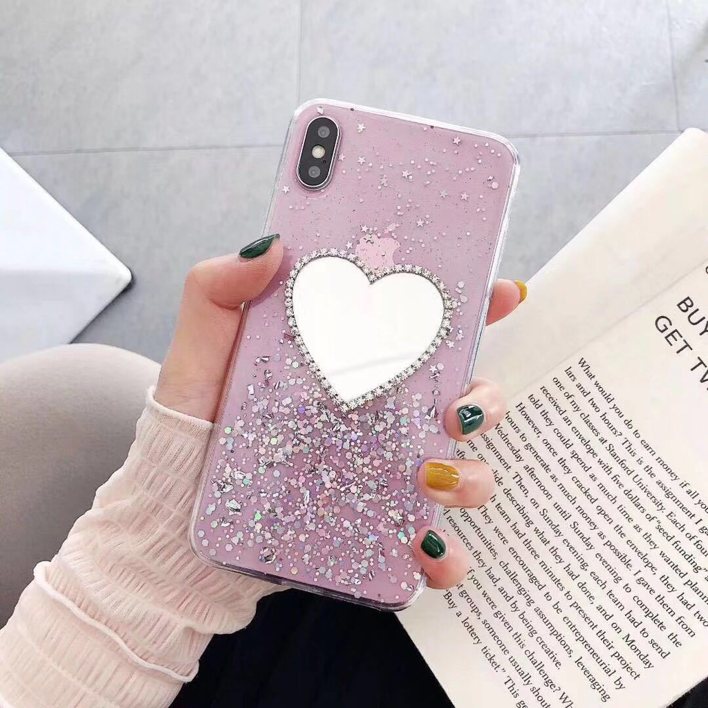 iPhone 12 Mini 11 Pro Max 6 6S 7 8 Plus  X XS Max XR Heart Shape Makeup Mirror Bling Soft TPU Phone Case