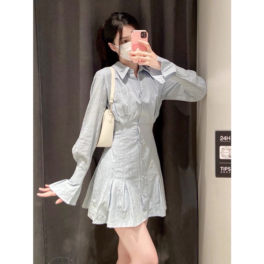 Đầm sơ mi đũi xanh best seller