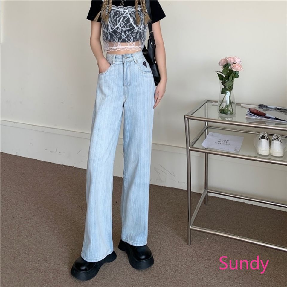 Quần Jean Dài Eo Cao Ống Suông Thiết Kế Phong Cách Hàn Quốc Ngọt Ngào Thời Trang Mùa Thu Dành Cho Nữ