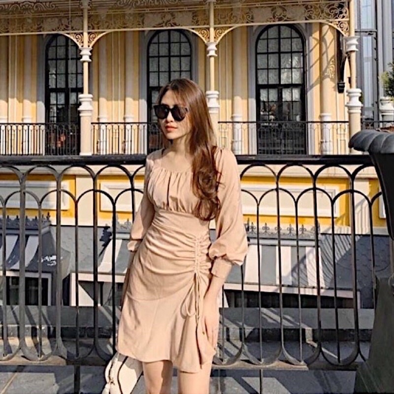Đầm nhúng ngực tùng rút dây tay dài 2 màu