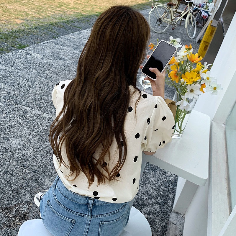IELGY Áo Kiểu Tay Ngắn Họa Tiết Chấm Bi Dành Cho Nữ