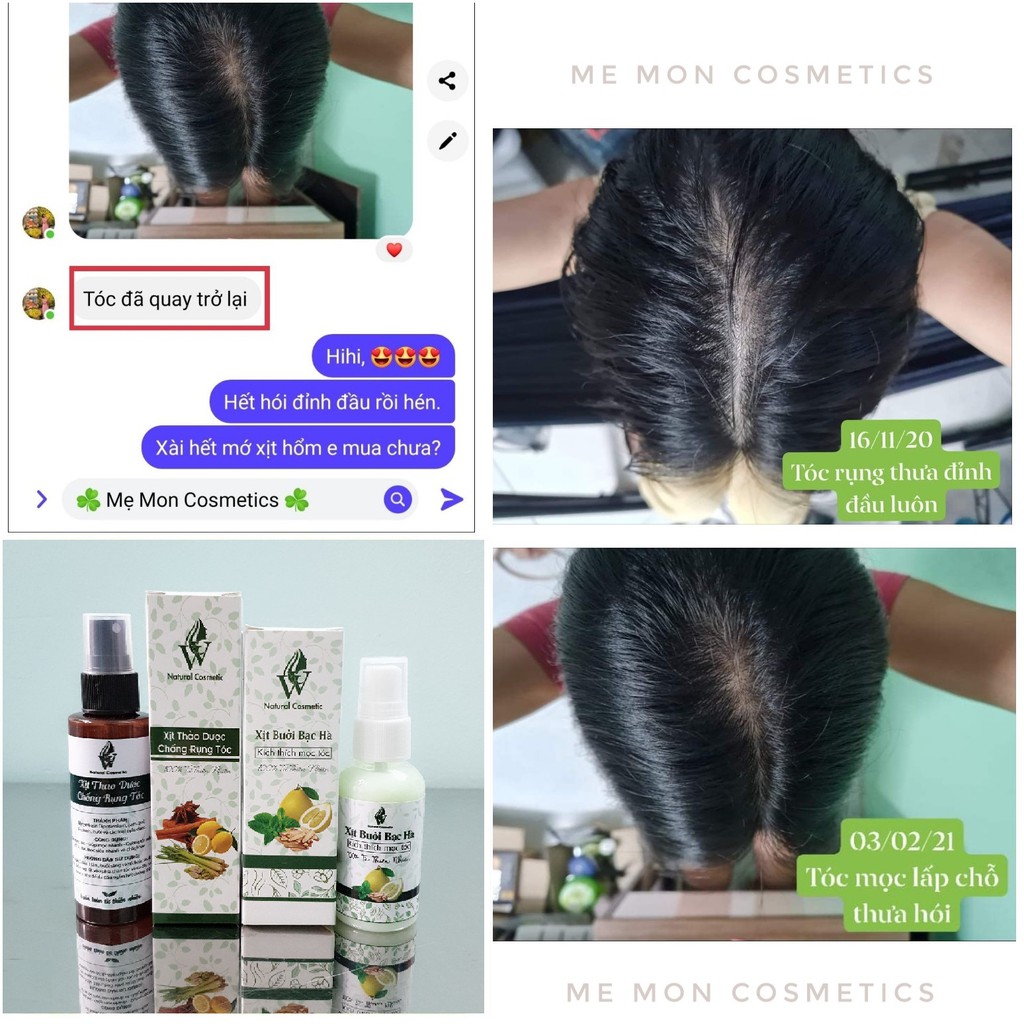 Xịt bưởi bạc hà / Xịt quế sả chanh VV Natural Cosmetic kích thích mọc tóc, ngăn rụng, kiềm dầu, chống bết tóc