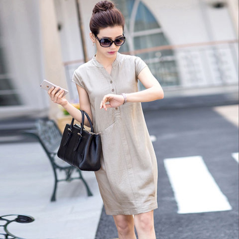 Đầm suông linen cổ tàu túi bên hông, chất vải linen tự nhiên, thời trang phong cách Hàn