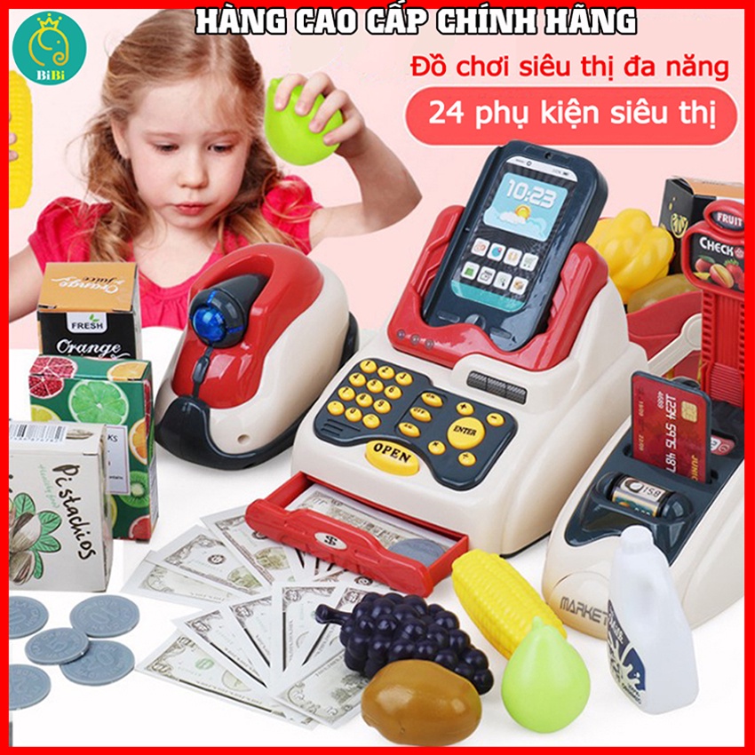 Đồ chơi bán hàng siêu thị cho bé, bộ đồ chơi đồ hàng máy tính tiền 24 chi tiết có hiệu ứng âm thanh ánh sáng sinh động