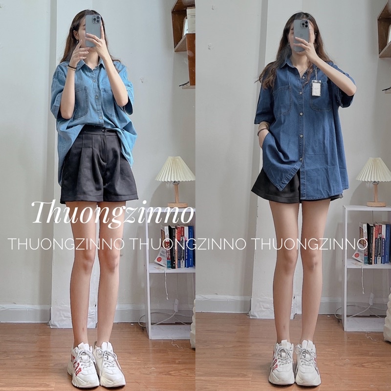 Áo sơ mi jean xanh tay bồng ulzzang Áo sơ mi form to Hàn Quốc