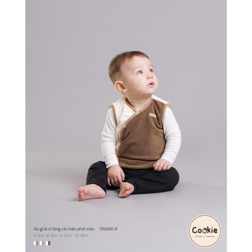 Cookie - Áo gile nỉ lông cài lệch phối màu cho bé trai, bé gái từ 3 tháng đến 18 tháng