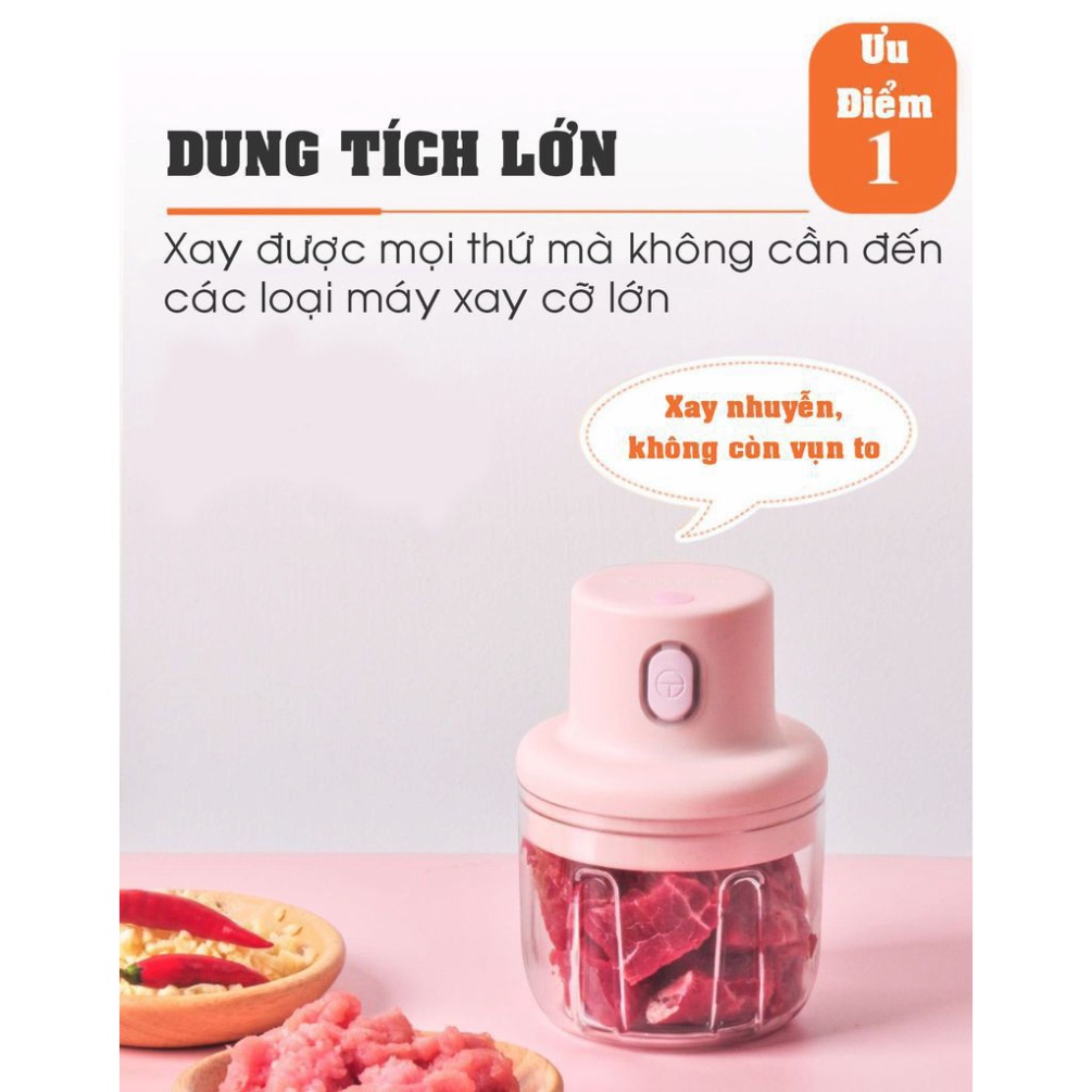 Máy Xay Tỏi Ớt, Thịt Cầm Tay Sạc Điện Mini Siêu Tiện Lợi 250ml