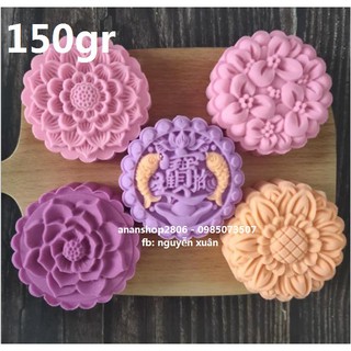 Khuôn trung thu lò xo 100gr tròn 5 mặt cá, sen, tú cầu