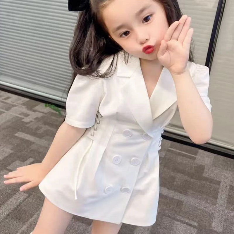 Đầm Tay Phồng Ôm Eo Phối Hai Hàng Nút Thời Trang Pháp Xinh Xắn Cho Bé Gái
