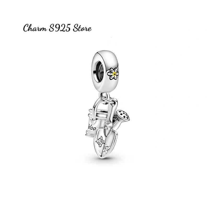 charm pan treo bộ dụng cụ làm vườn bình hoa và xẻng bạc s925